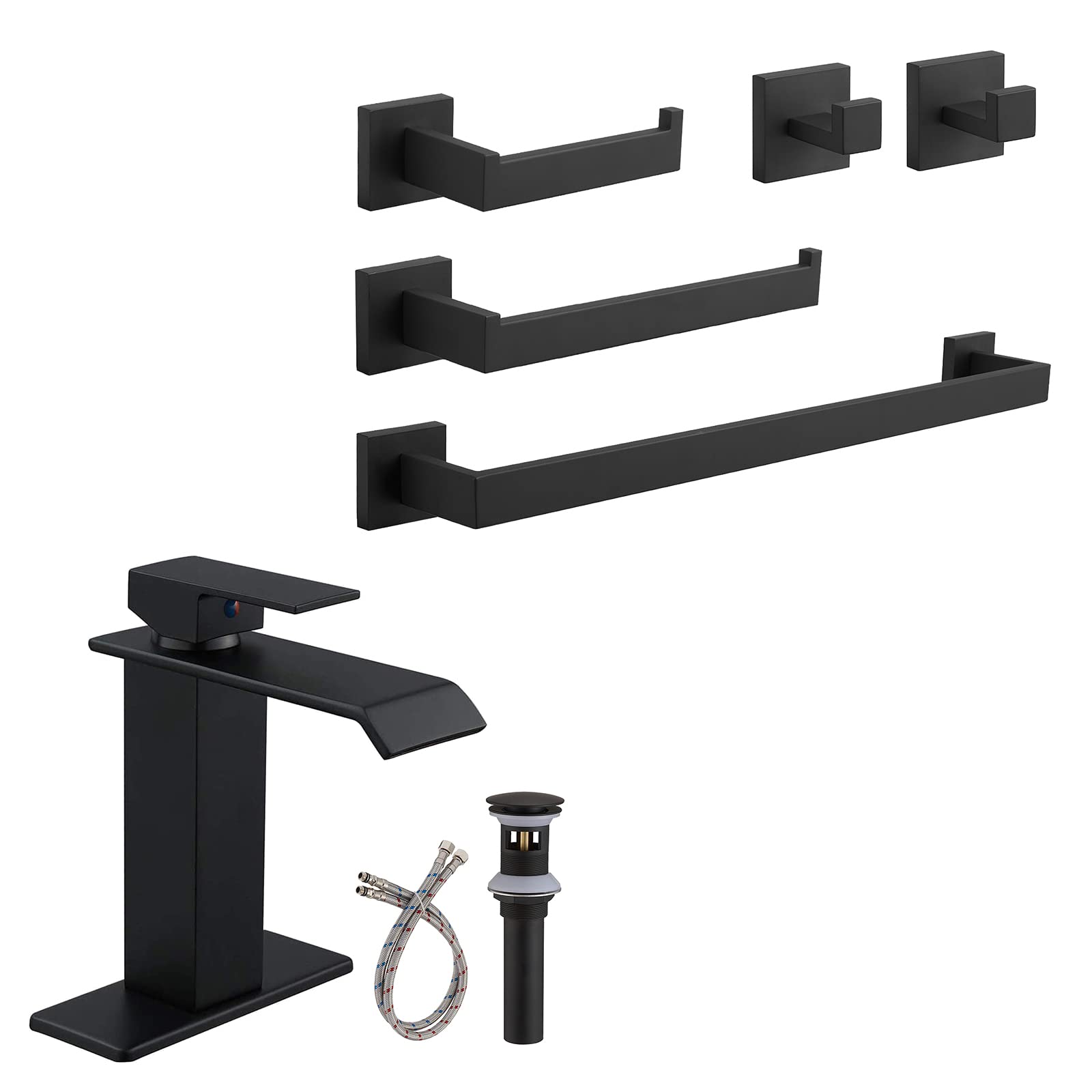 Nfusrxmbk Black Matte Bathroom Faucet Waterfall With Pop Up Drain And Matte Bathroom Hardware Set 5 Piece
