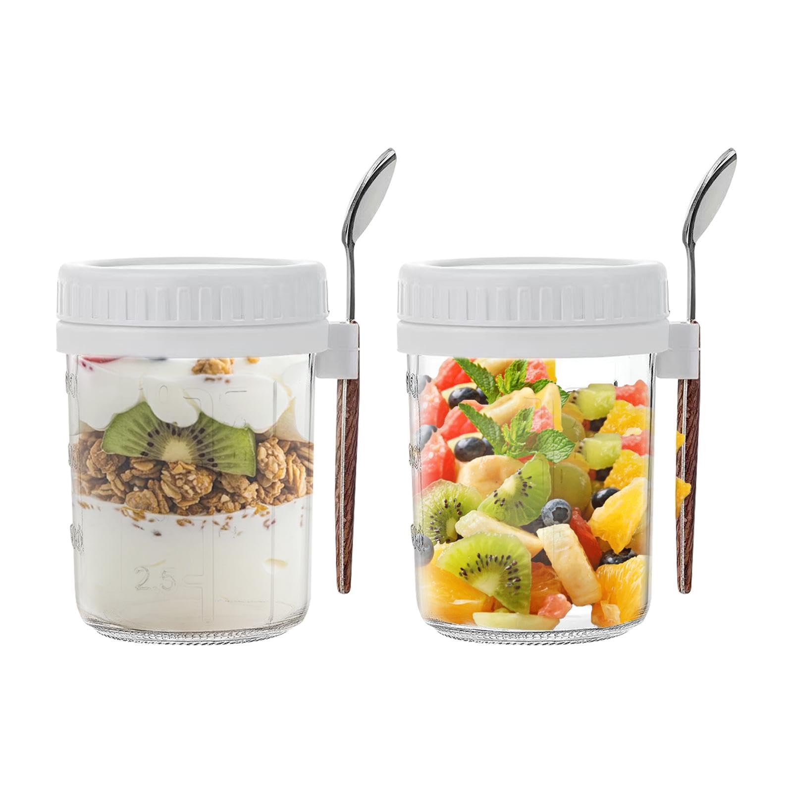 2 Pack Overnight Oats Jars, White 350ml Glass Jars with Lids and Spoons, 12 oz Large Capacity Airtight-Jars with Measurement Mark, Airtight Mason-Jars for Chia, Pudding, Milk, Cereal, Fruit, Yogurt