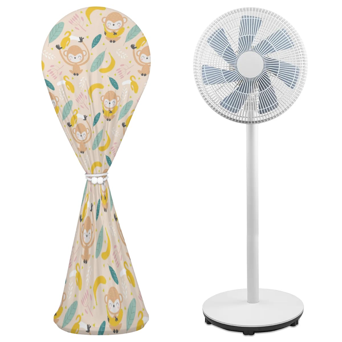 Cartoon Monkey Banana Fan Cover 20''D x 51''H Waterproof Pedestal Fan Dust Cover Household Standing Floor Fan Covers Washable Dustproof Protective Cover for Indoor Outdoor