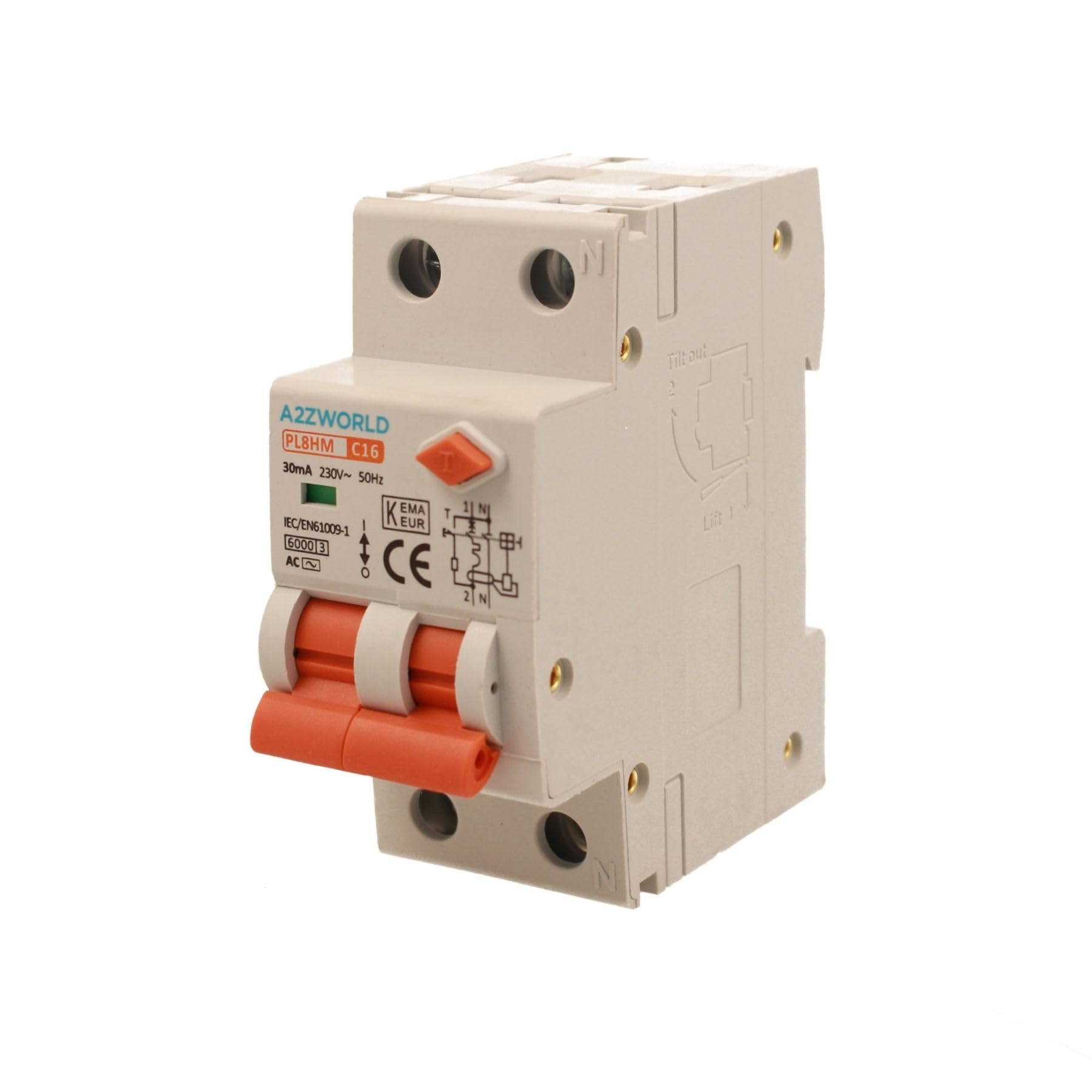 Interruptor diferencial magnetotérmico 16 A C16, RCBO Tipo AC Curva C, 1P+N 6 kA 30 mA, doble palanca con diagnóstico visual, 2 módulos DIN, serie PL8HM electromagnética
