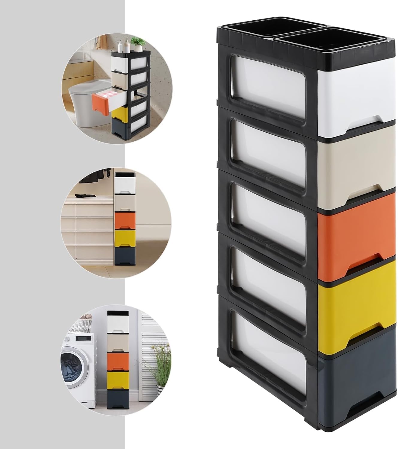 Cassettiera Salvaspazio con 5 Cassetti Mobiletto Stretto con Ruote Organizer in Plastica PP per Bagno Ufficio Casa Carrello Portaoggetti per Angoli Stretti(Black+Colorful Modern Colors)