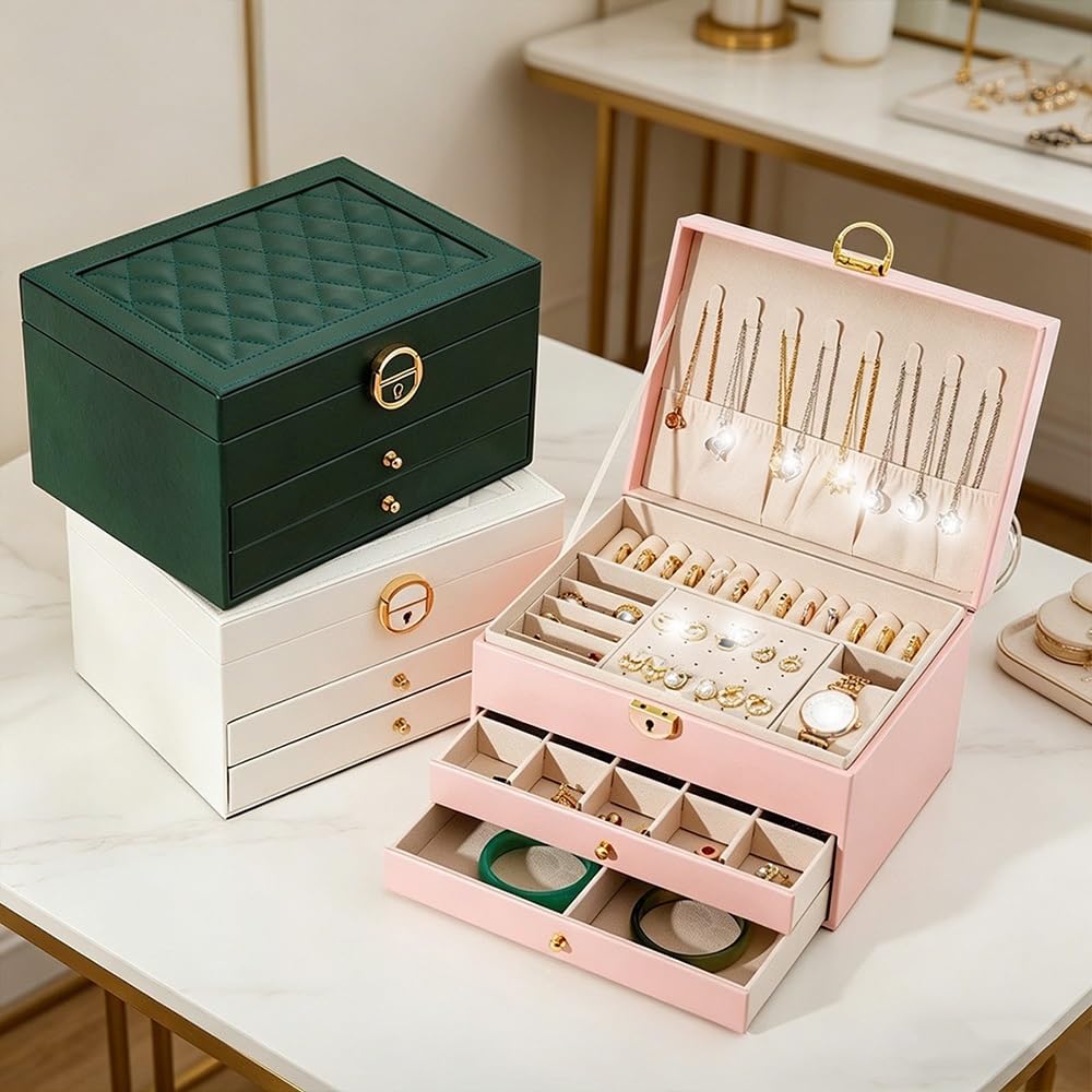 Wieże Biżuteryjne Pudełko na biżuterię ze skóry PU w ​​stylu vintage, organizer o dużej pojemności