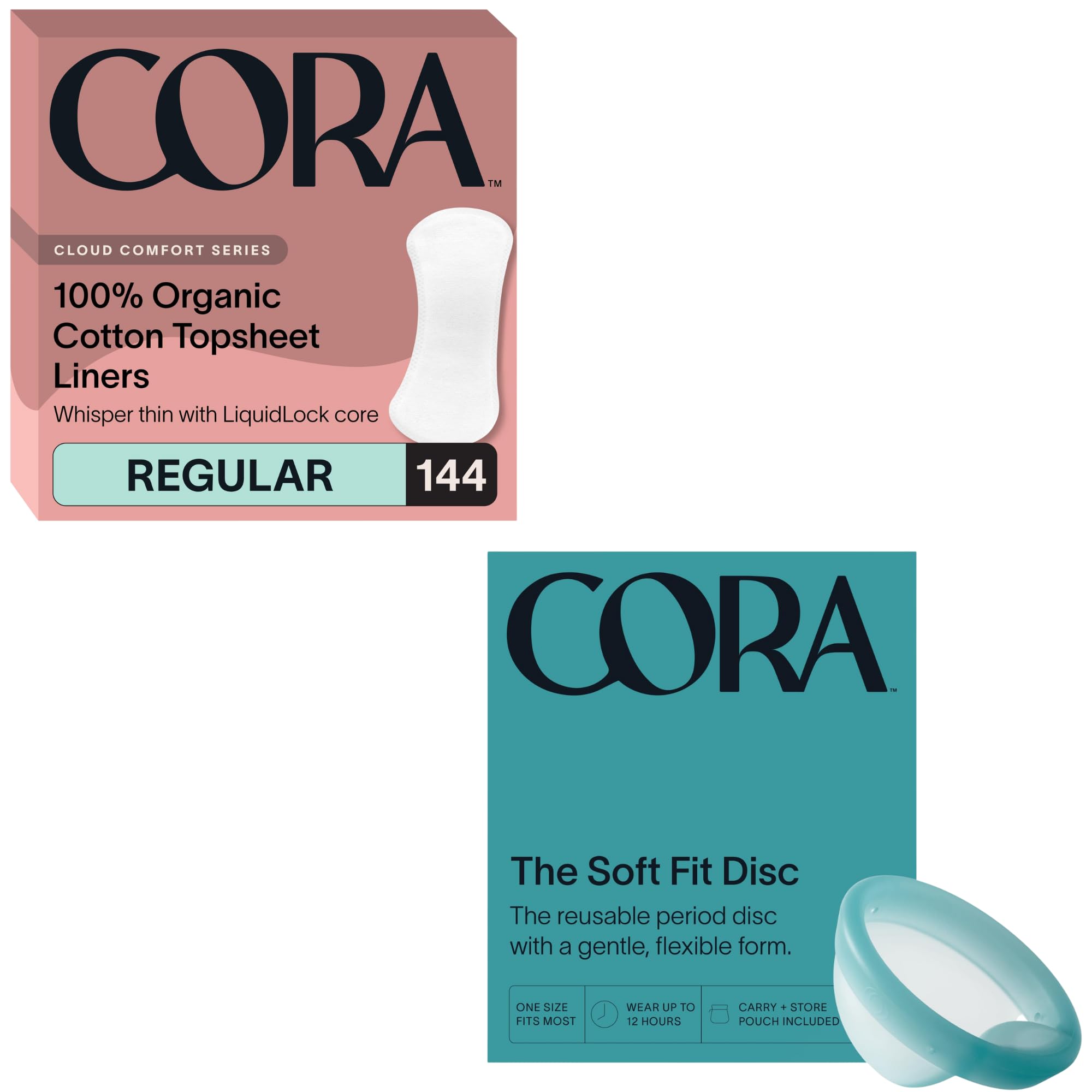 Cora Organic Feminine Care 144 Regular No Wings Liners and a Reusable Soft Menstrual Disc Medical Grade Silicone