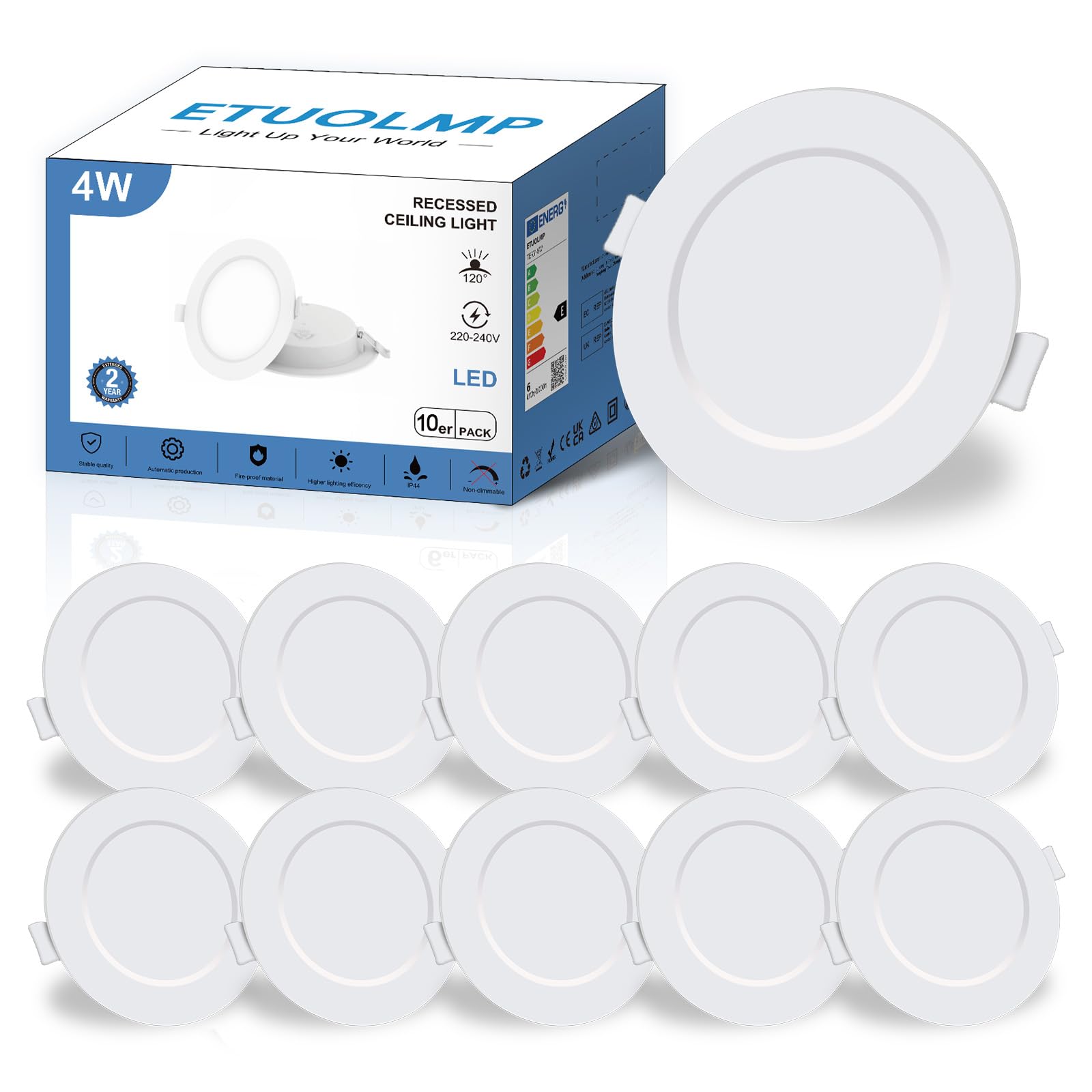 ETUOLMP Faretti led da incasso per cartongesso, 4W 380LM interno, Bianco Naturale 4000K, AC 220-240V, Faretti IP44 per cappa da cucina, bagno, corridoio, set di 10