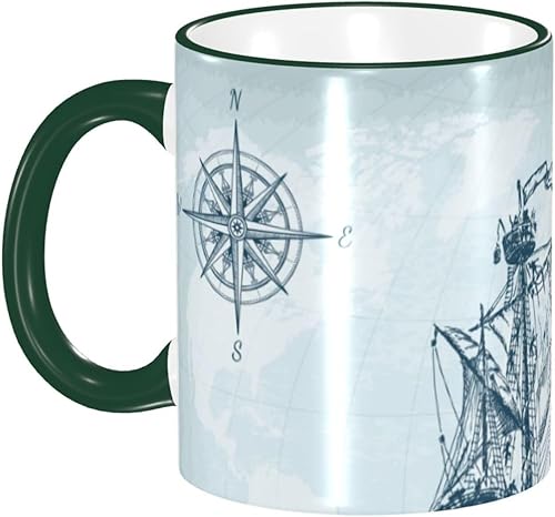 Taza de café de cerámica con asa, diseño de brújula náutica vintage, ancla y ola del mar, tazas de té para café, tazas para café, tazas de beber,
