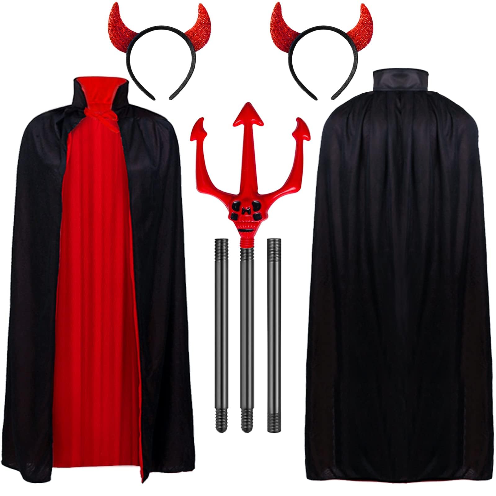 3Pcs Halloween Devil Vampire Costume Set, Halloween Vampire Cape Reversible Cloak, Devil Horns Headband, Devil Fork, Red Shiny Headband for Halloween Party Props, Devil Outfit, Dracula Cape Costume
