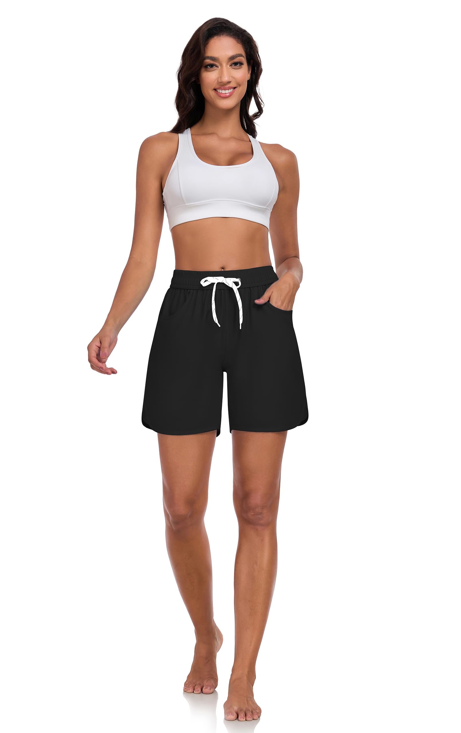 6" Wasserabweisende Schnelltrocknende Badehose Damen Bikinihose Ohne Netz - High Waist Bauchweg Badeshorts mit 2 Taschen, Ohne Innenslip