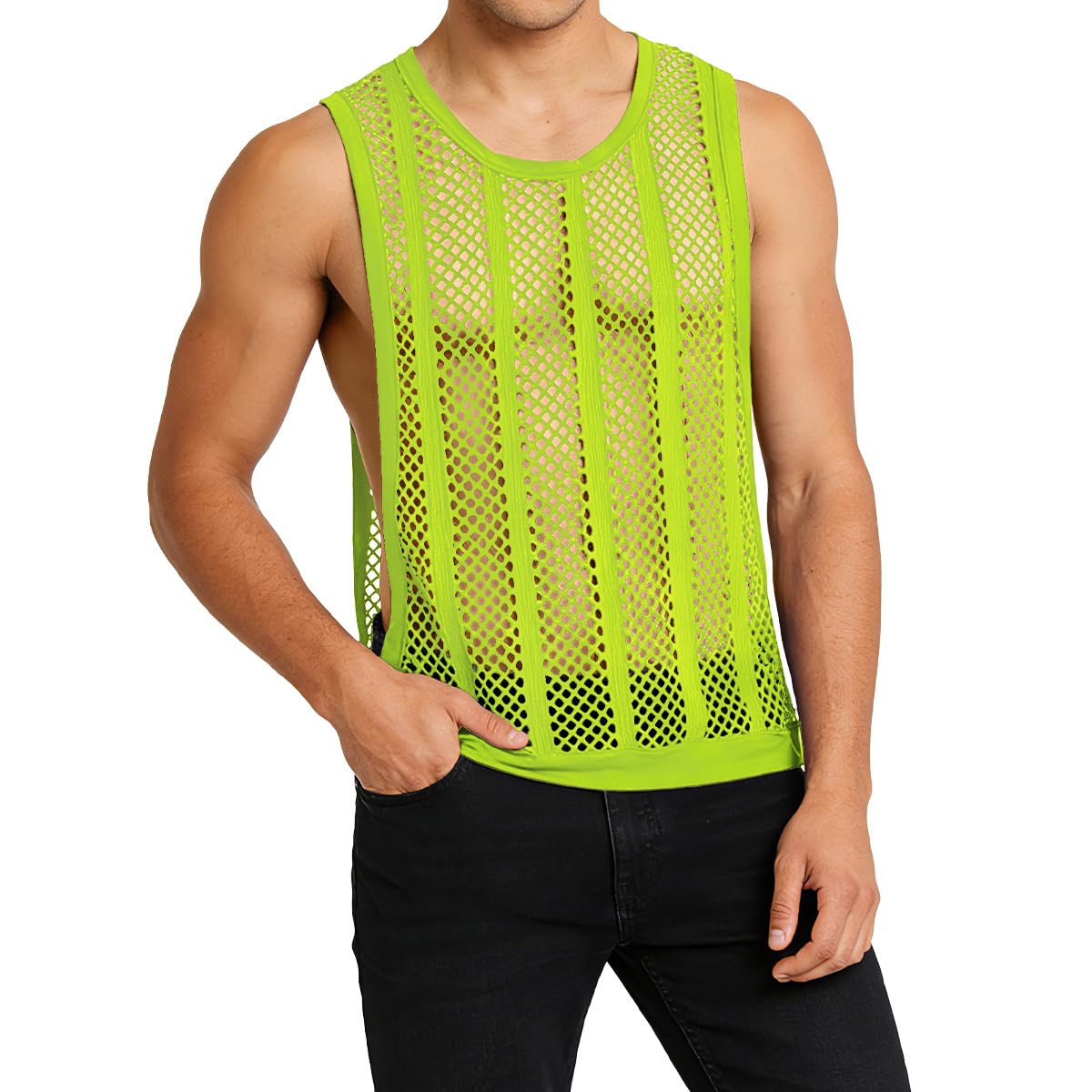 Durchsichtiges Fischnetz-Tanktop für Herren, ärmellos, gestreift, Netzstoff, enganliegend, Muskel-Top, Workout, Strand-Shirt