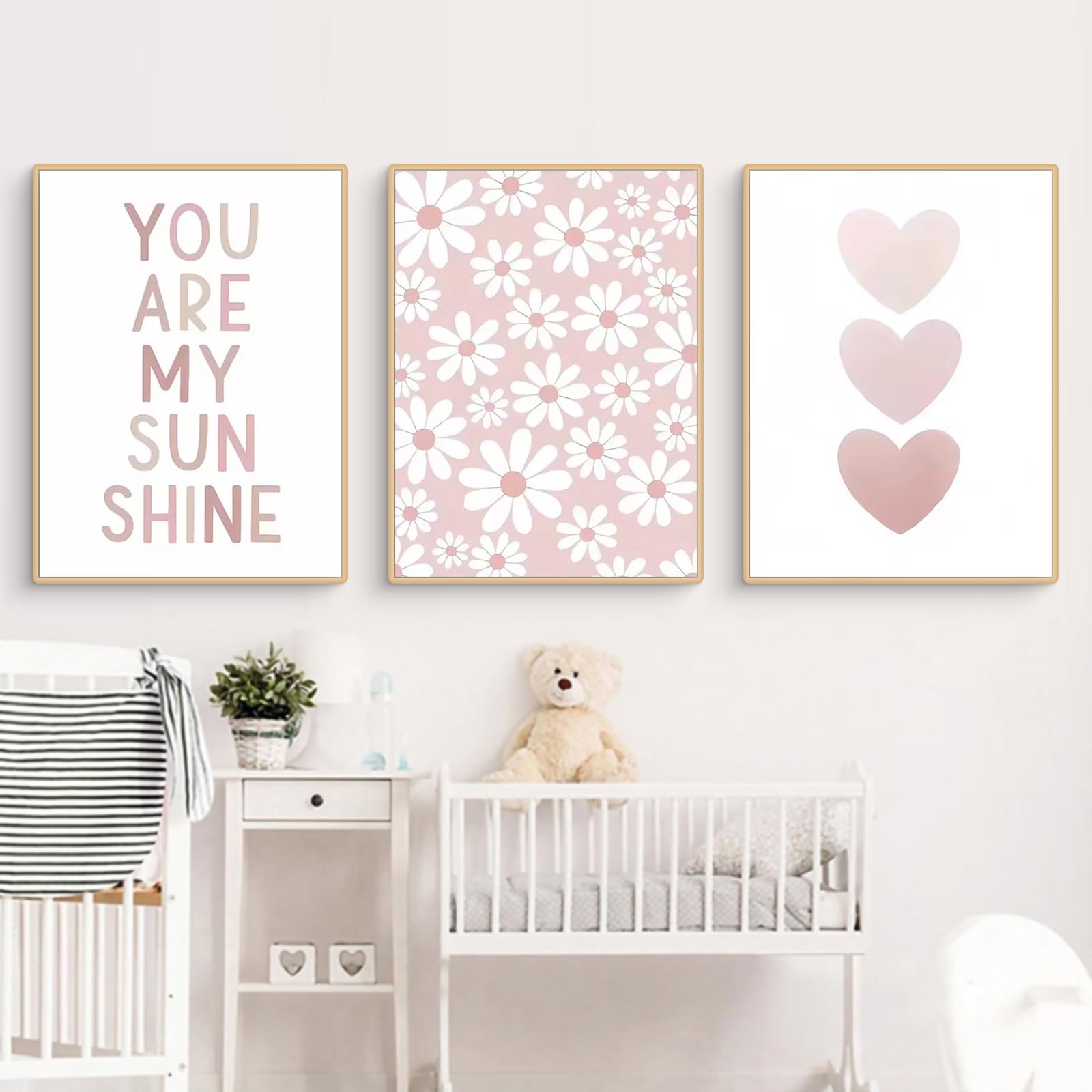 Ueiwffzo 3er Set Poster & Kunstdrucke - Rosa Regenbogen Gänseblümchen Bilder, Kinderzimmer Deko, Ohne Rahmen (A3, 30x40cm)