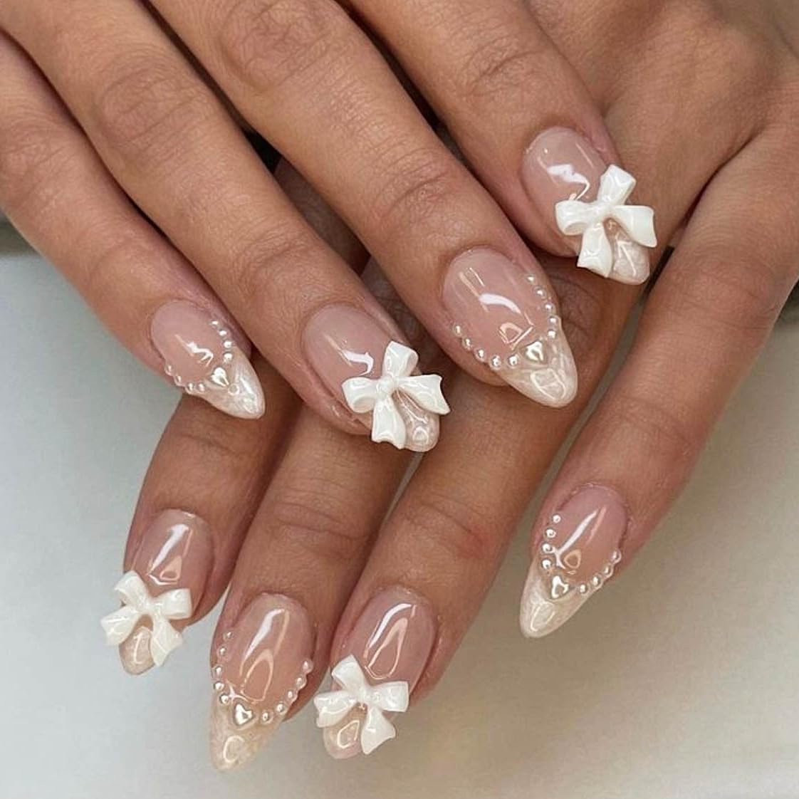 White French Tip Pearly Bow False Nails with Designs 24Pcs - Medium Almond Nude Full Cover Shiny Glue on Artificial Nails