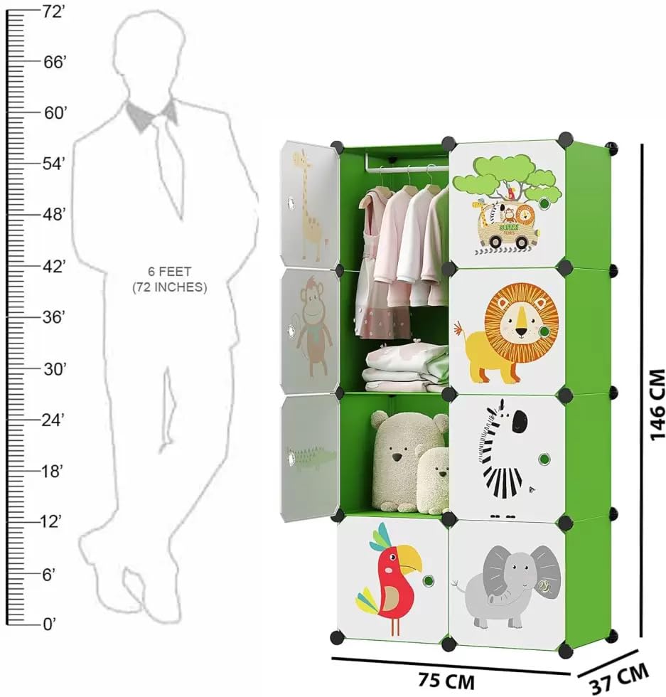 Image of Mevigo Foldable Plastic Wardrobe for Clothes - 8 Door Baby Cupboard for Clothes Storage, Wardrobe for Kids, Plastic Almirah, Collapsible Wardrobe for Kids Livingroom & Home -Green-HI