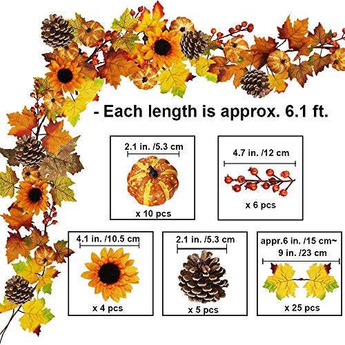2 Pack Fall Maple Leaf Garland - 6Ft/Piece Artificial Berries Sunflower Pumpkin Autumn Garland Decoration For Wedding Party Thanksgiving Dinner Fireplace Door Frame Doorway Backdrop Decor #TOP1