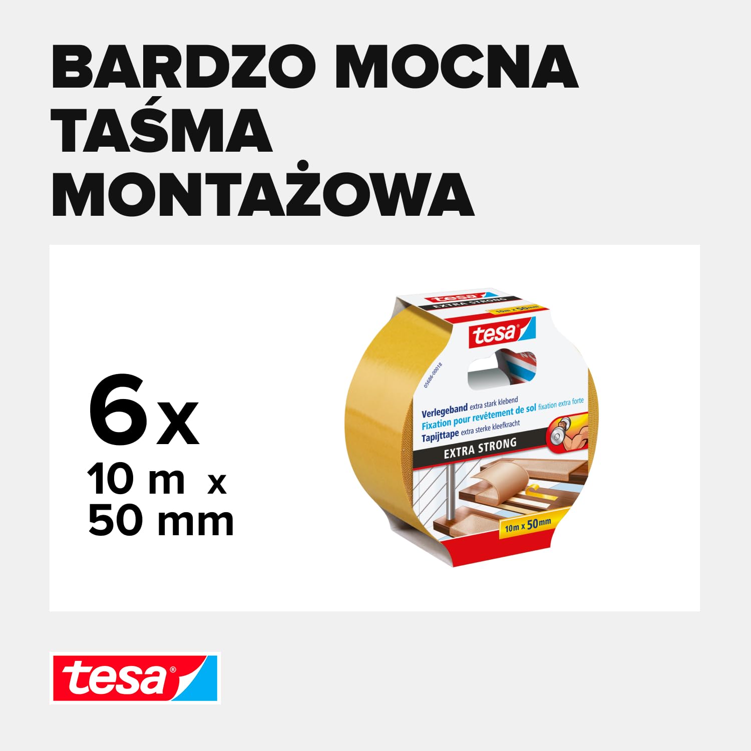 tesa Taśma montażowa bardzo mocno klejąca, 6 sztuk w opakowaniu – dwustronna taśma klejąca do układania dywanów i wykładzin PCW – dwustronna – 10 m x 50 mm