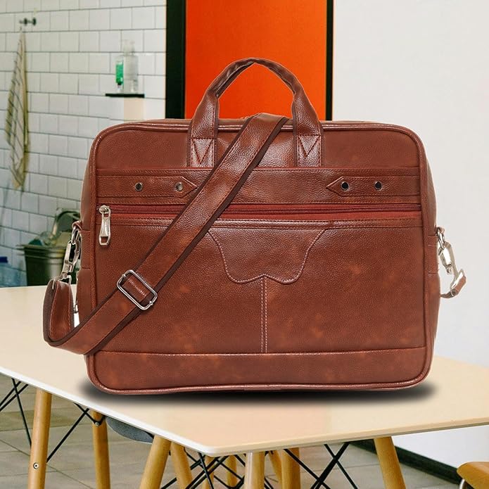 Image of Men's Synthetic Leather Messenger Bag, Brown, Professional Laptop Shoulder Bag with Adjustable Strap