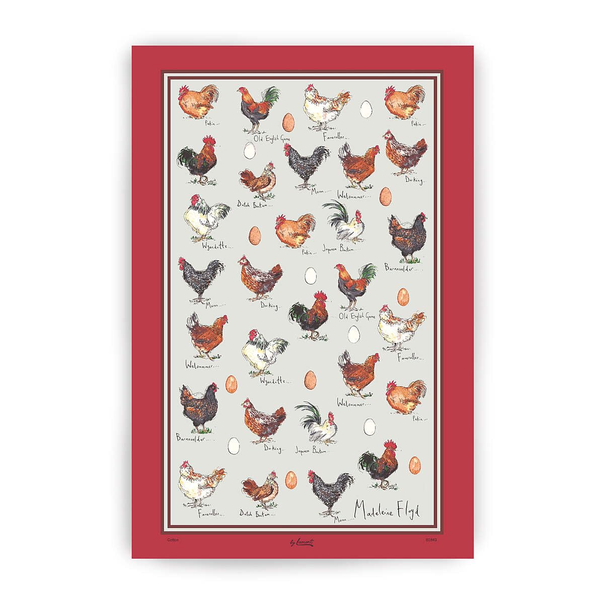 Samuel LamontChicken Egg Cotton Tea Towel Practical Hand Painted Farm Design Grey Background Rich Red Bord Kitchen Item Present Housewarming Gift