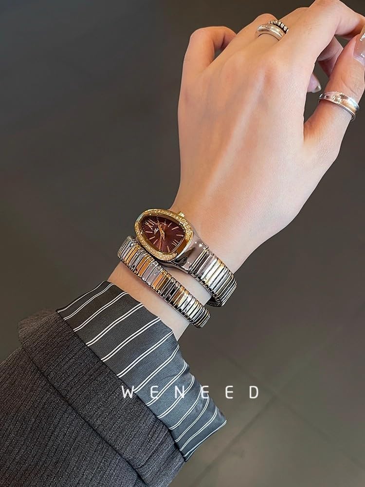 Klassische Damenuhr in Schlangenform, Gold und Silber, skalierbares Armband, Quarz-Uhren mit funkelnden Diamanten