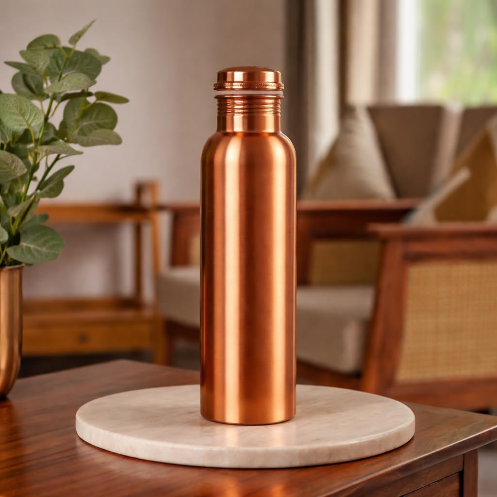 Ayurveda 100% Pure Copper Water Bottle 1ltr/ 32oz - Handmade Durable Copper Bottle For Drinking Water | Leak Proof Lid C opper Vessel for Yoga, Gym, Office, Home & Travel