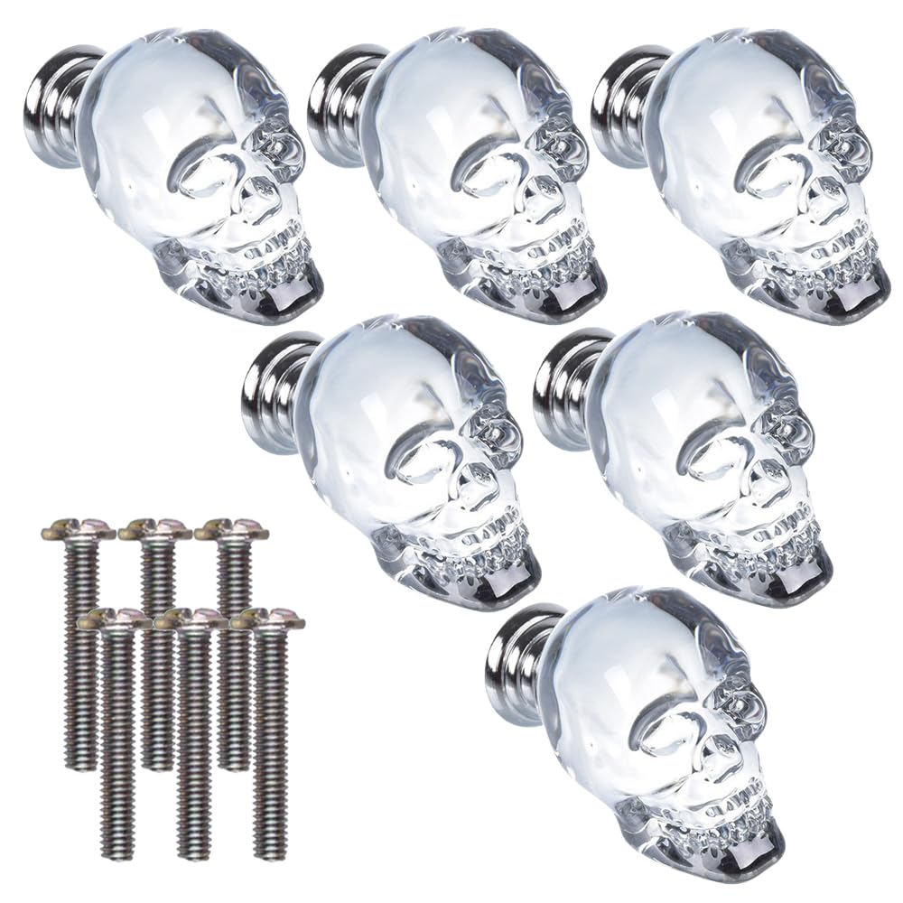 6 Pack Crystal Glass Door Knobs, Skull Furniture Handles Clear Kitchen Cabinet Pull Knobs for Cupboard Closet Drawer, Thickness Between 17-22mm