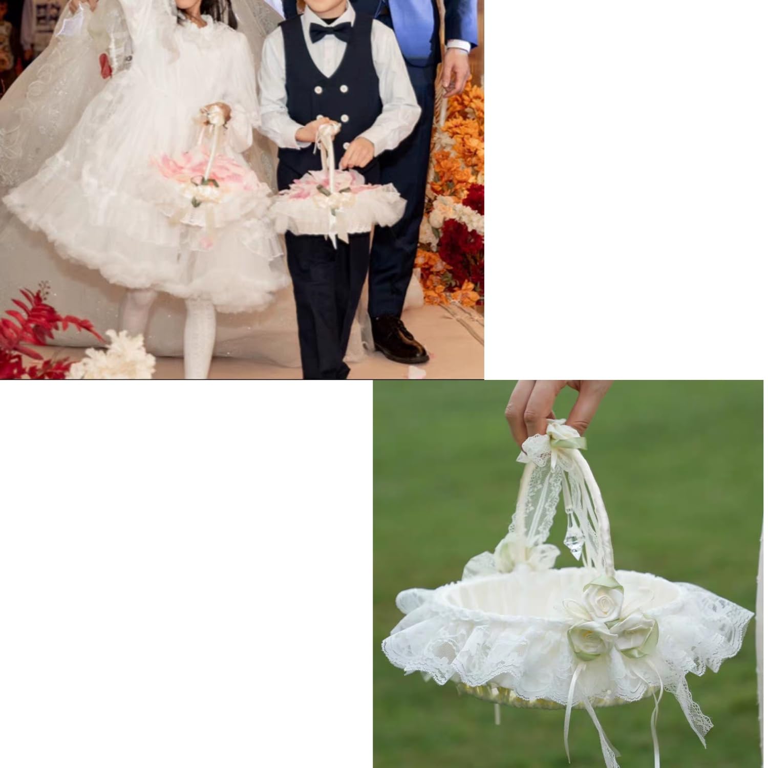 Grande cesto per damigelle per matrimoni, cestino intrecciato a mano con manico in pizzo oscillante, fiori e fiocchi in raso, decorazione con fiocco in pizzo e accessori per feste