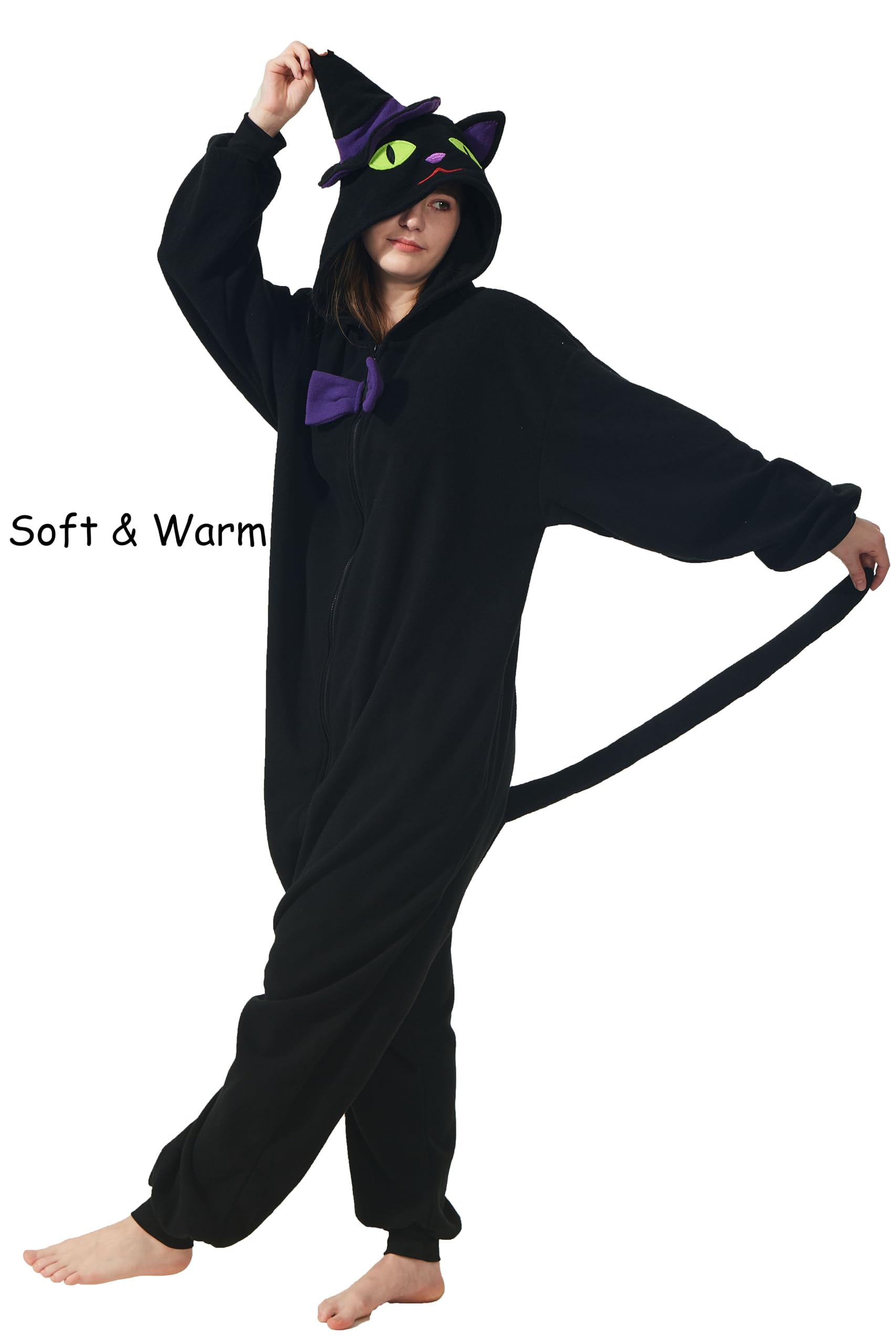 Kostium czarnego kota dla dorosłych unisex jednoczęściowa piżama Halloween Boże Narodzenie zwierzę cosplay z kapeluszem czarownicy