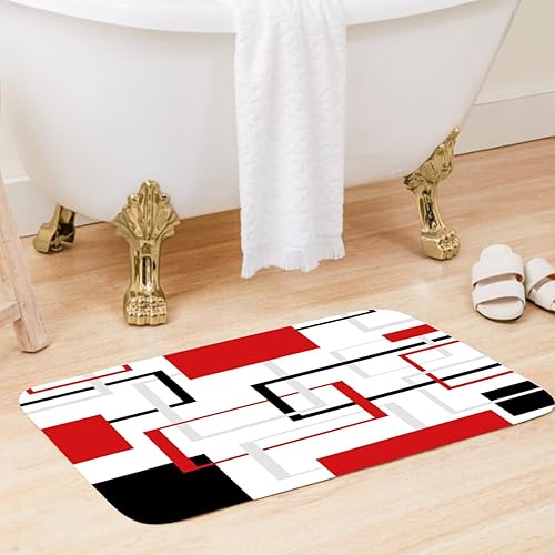 Miniatura 3 de Juego de cortinas de ducha rojo y negro, gris y blanco, geométrico de mediados de siglo, tapete de celosía de arte burdeos, 4 piezas, decoración de