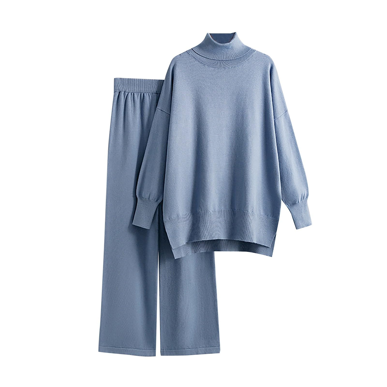 Kuschel Schlafanzug Damen Frauen Winter Einfarbig Langarm Rollkragen Stricken Pullover Breite Bein Hosen Lose Version Casual Hause Tragen Sets Paare Pijamas Jumpsuit Kuschelig Frottee