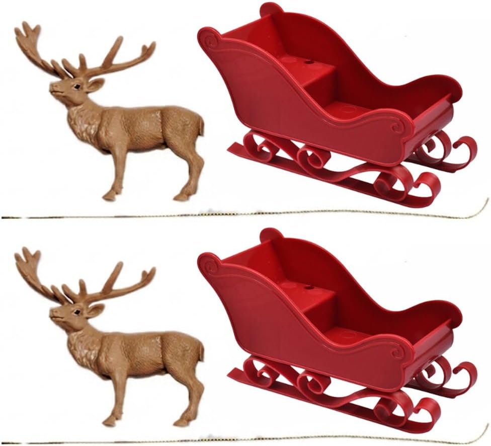 2 Sets Christmas Reindeer Sleigh Decorations, Red Reindeer Sled Ornaments, Mini Christmas Sleigh Decor for, Shelf, Mantel and Holiday Party