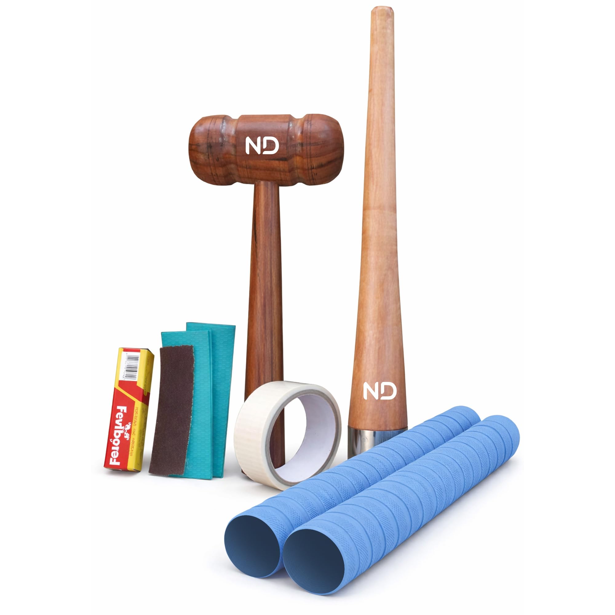 Cricket Bat Repair 7-Piece Kit, Complete Bat Maintenance & Protection Set with Mallet, Bat Cone, Toe Guards, Sandpaper, Glue, Fiberglass Tape & Replacement Grips