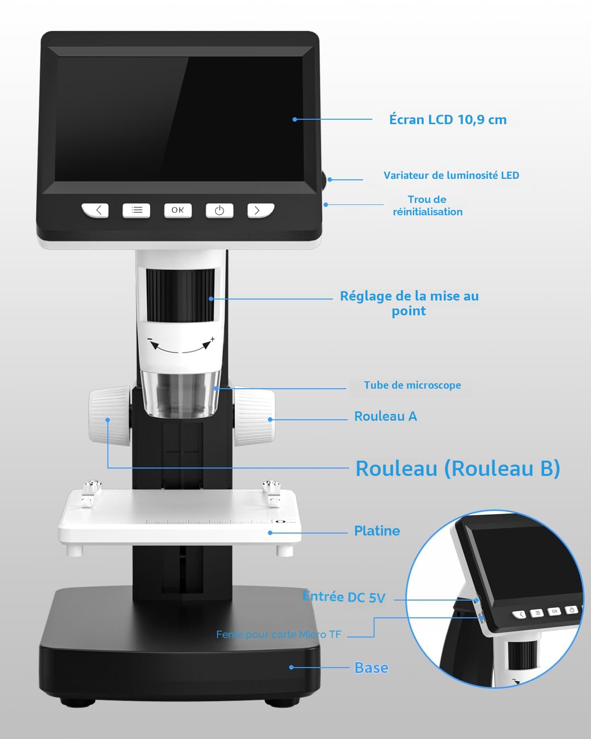 Microscope Numérique Enfant/Adulte, Loupe avec Un Écran de 4,3 Pouces et 8 LED, Grossissement 50x-1000x, Compatible avec Windows/Mac (306-B)