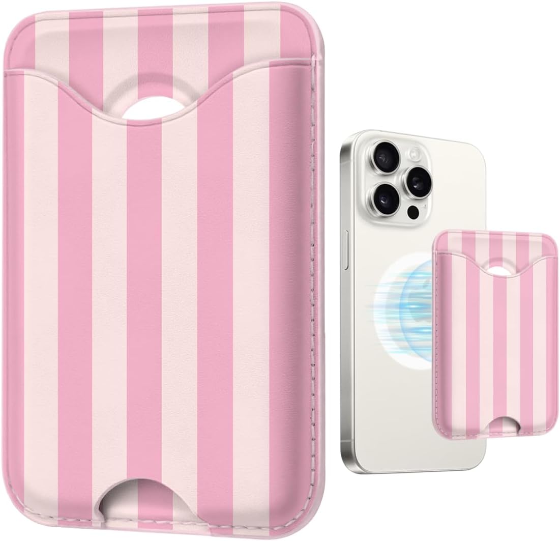 Stripe Magnetic Wallet for Magsafe Compatible with iPhone 17/16/15/14/13/12 Series Pro Max Plus Air (Phone Magnet Card Holder Fit 3 Cards for Women Girl Lether Mag Safe Wallets Pink)