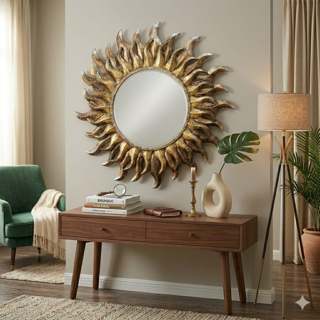 ToughCrafts Metal Wall Art Décor, Metal Mirror with Frame, Shape Of Sun, Antique Mirrow for Home Decor (36 inch x 36 inch)-image-11