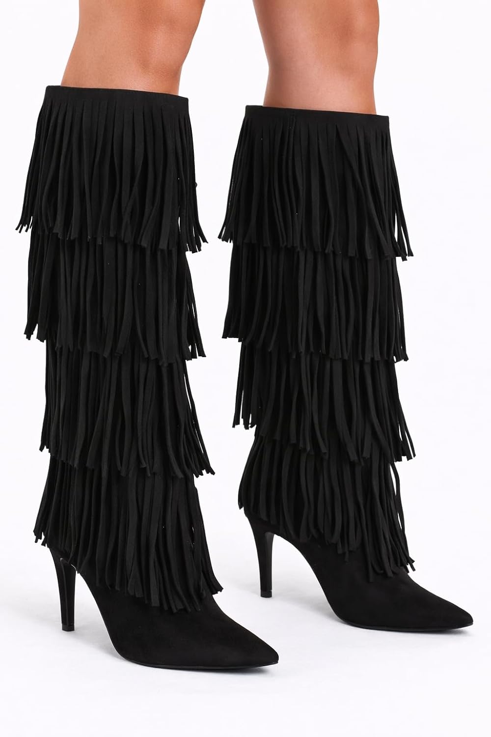Liliana Women's Knee High Fringe Boots Pointy Toe Stilettos High Heels Boots