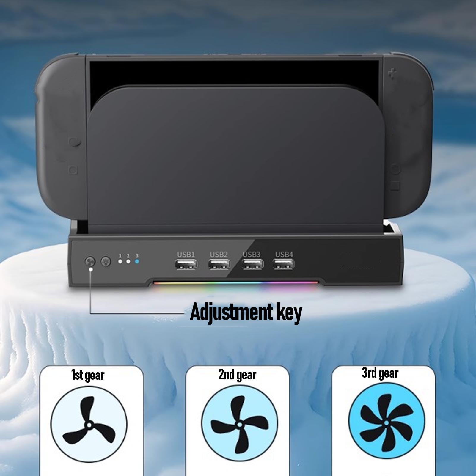 Lylithuif Base per ventola di raffreddamento adatta per 2 Doppia ventola 4 porte HUB USB 3 velocità 8 modalità RGB Console di gioco Docking station per montaggio a parete per