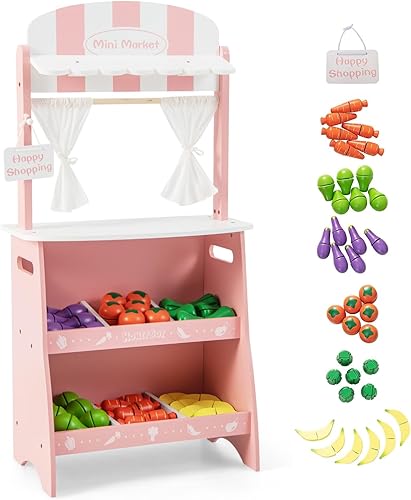 HONEY JOY Juego de tienda de comestibles para niños, soporte de madera para frutas con 36 accesorios para cortar alimentos y verduras, tienda de disponible en Yaxa Mexico
