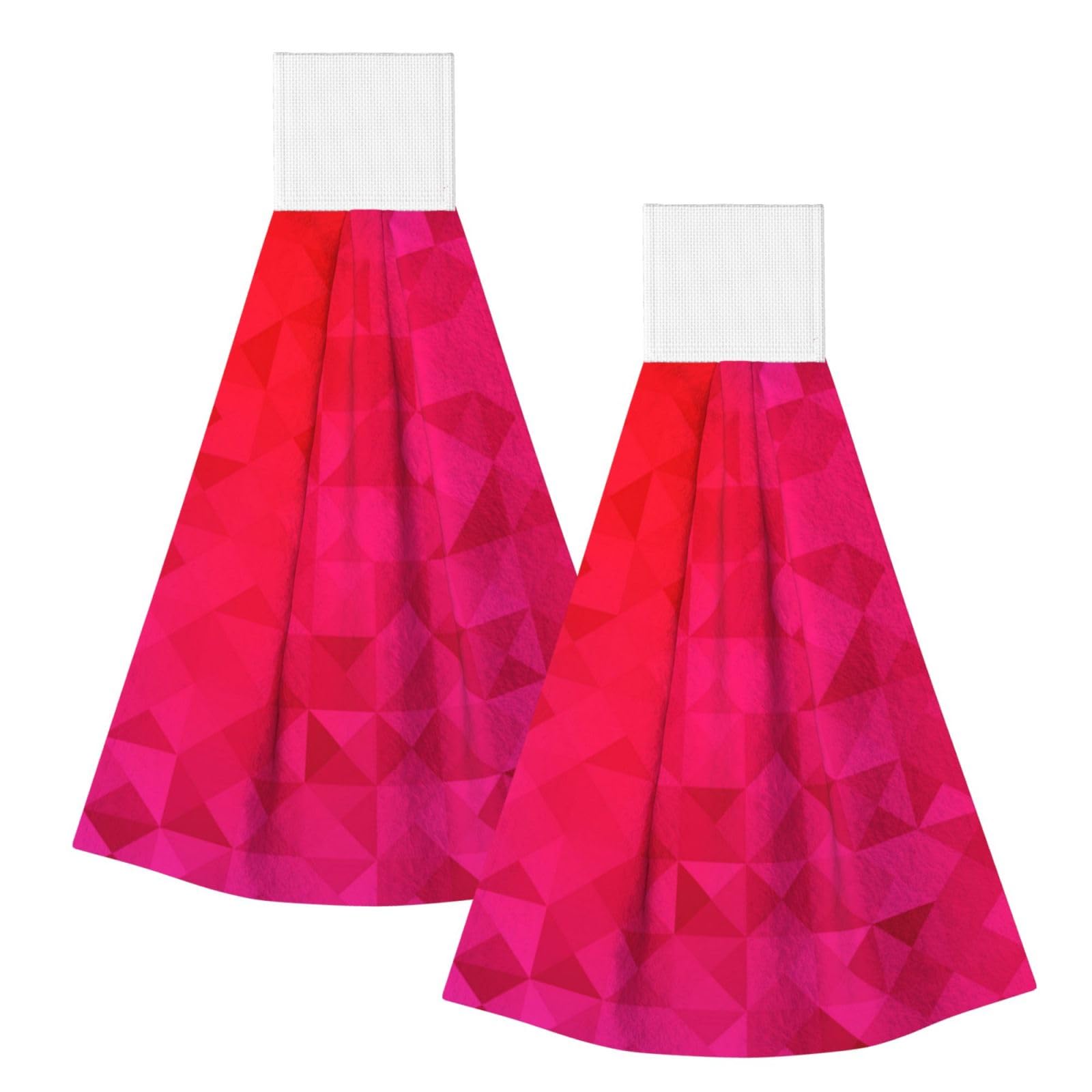 DOPKLNA Fuchsia Triangle Geometric, 2 Pcs Hanging Coral Fiber Hand Towels for Bathroom, Absorbent Kitchen Towels
