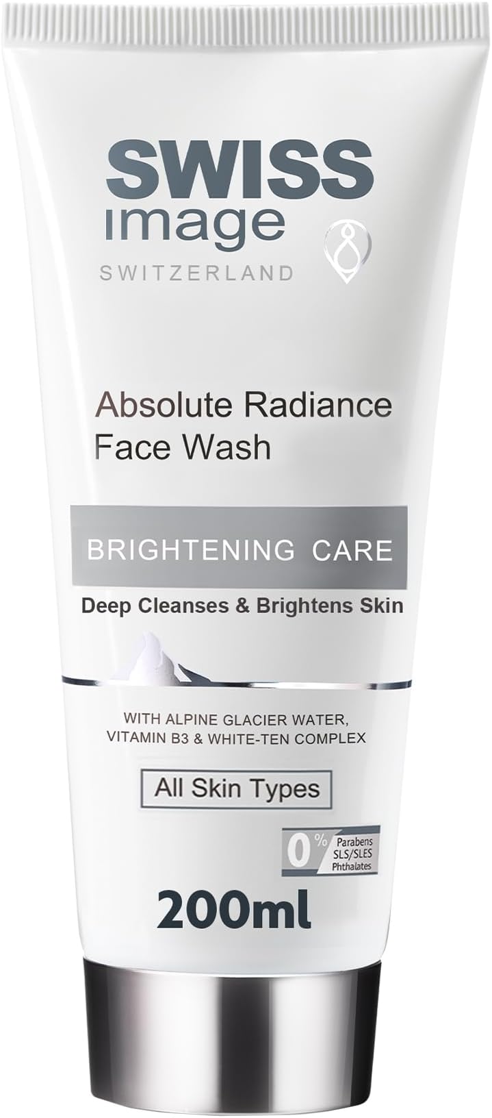 Swiss Image Brightening Face Wash with Niacinamide, Glycolic Acid (AHA), Centella Asiatica Extract, Alpine Glacier Water, Green Tea 200ml | Gentle Cleanser, Removes Make Up | All Skin Type |Swiss Made
