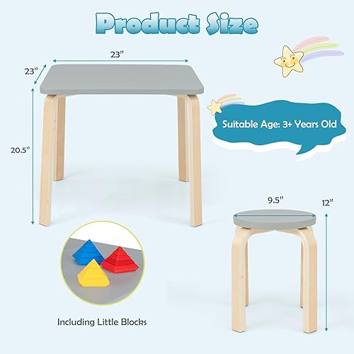 Miniatura 7 de INFANS Juego de mesa y taburete de madera para niños, mesa de actividades de 5 piezas con 4 taburetes para niños pequeños, bloque de construcción,