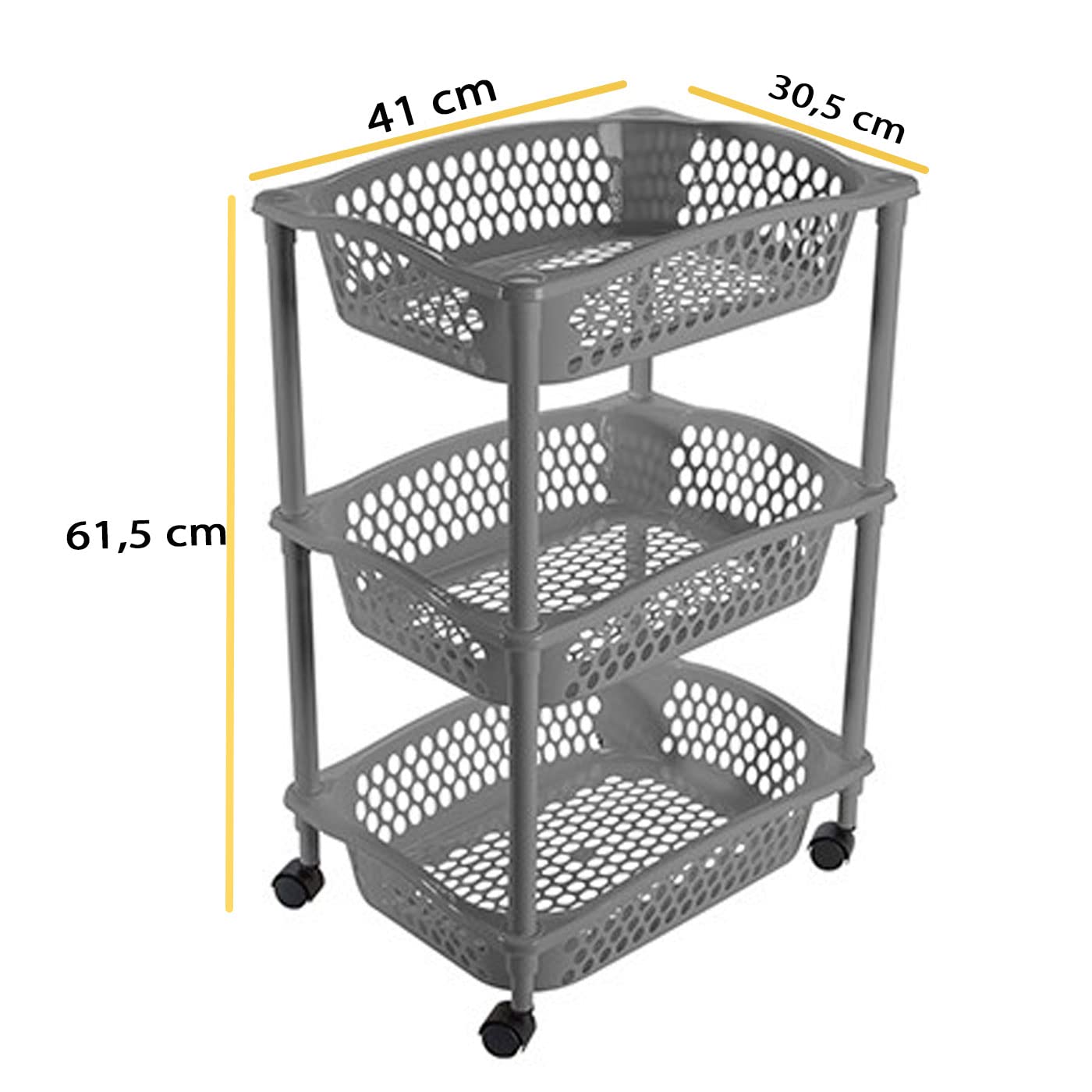Acan Tradineur - Carrito Verdulero con Ruedas - Modelo HG - Fabricado en Plástico - Multiusos para organizar los Espacios domésticos - 3 Cestas - 61,5 x 41 x 30 cm - Color: Gris