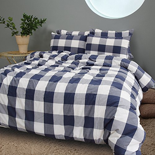 Merryfeel Cotton Duvet Covet Set,100% Cotton Yarn Dyed Buffalo Check Duvet Cover Set, Gingham Plaid Bedding Set - King Navy #TOP1
