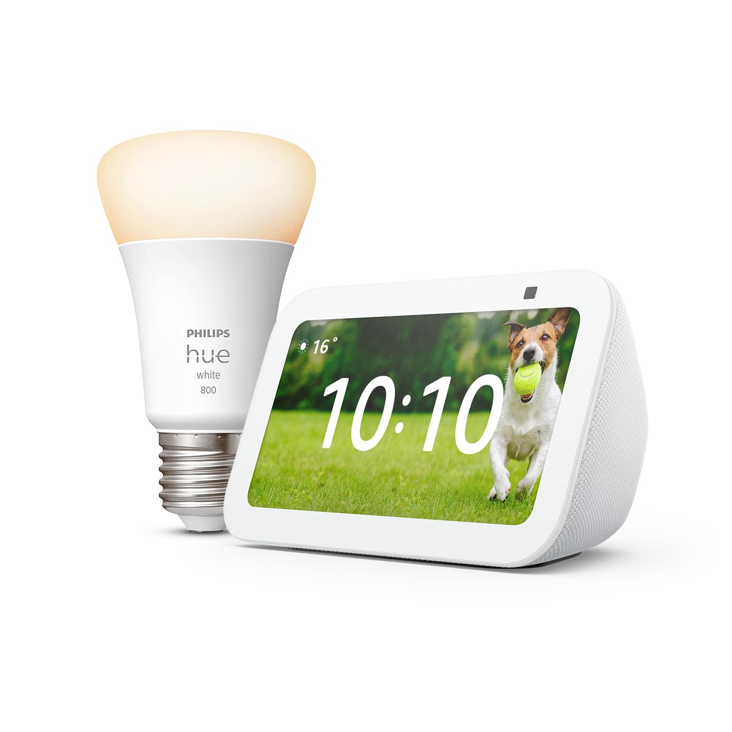 Echo Show 5 (3.ª generación) | Blanco + Philips Hue White Bombilla Inteligente (E27), compatible con Alexa - Kit de inicio de Hogar digital