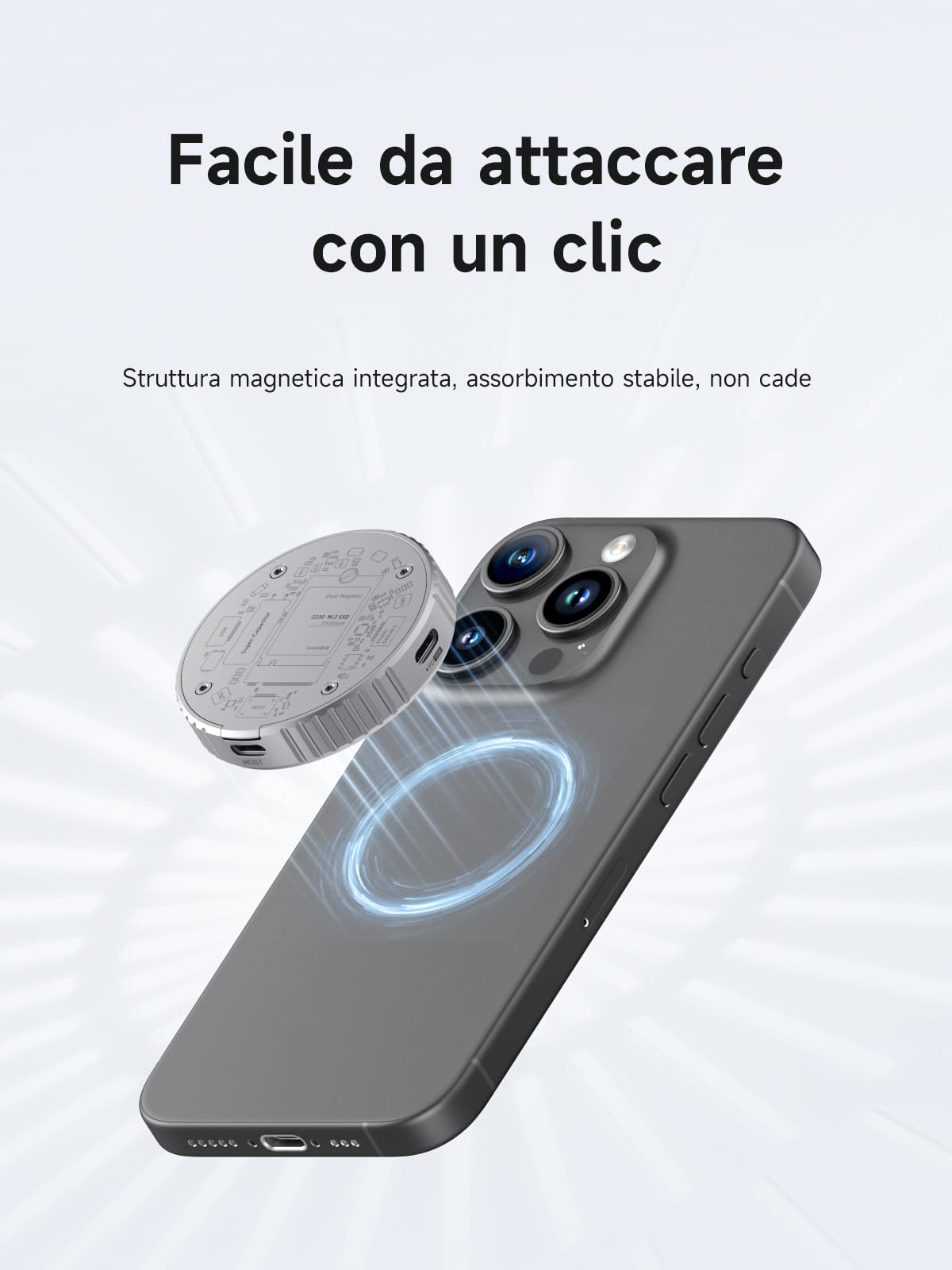 Hagibis Custodia magnetica M.2 2230 NVMe SSD con Magsafe per iPhone 15 Pro Max ProRes, USB C 3.2 Gen2 10Gbps a NVMe, custodia SSD esterna in alluminio per MacBook, iPad Pro, Android (MC100)