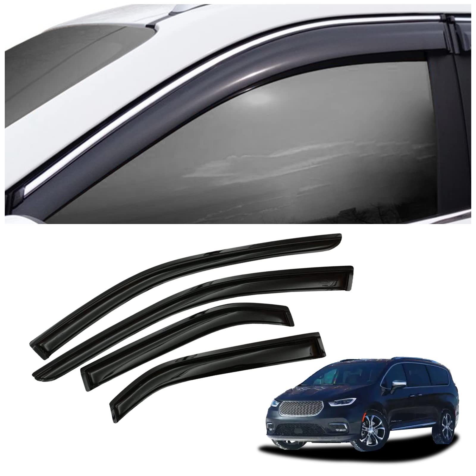 Photo 1 of SAOKNCE 4 Pieces Tape-on Extra Durable Rain Guards Fit for 2017 2018 2019 2021 2022 Chrysler Pacifica,Window Deflectors,Window Visors (Smoke Black) 94207