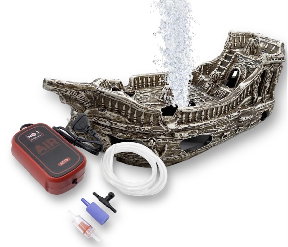 ZooPaul Sprudel Set Keramik Deko und Pumpe + Zubehör Dekoration Aquarium Terrarium XL Schiff Schiffswrack