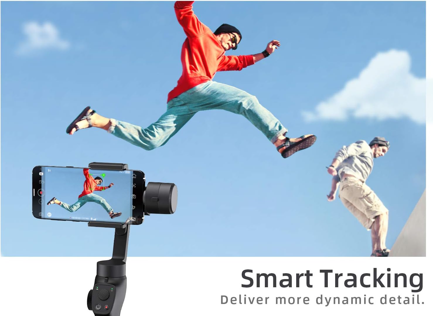 VÂNTOP Nimbal M3 gimbal with a smartphone displaying a person jumping, illustrating the Smart Tracking feature.