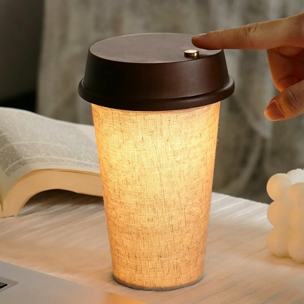 Kaffeetasse Nachttischlampe mit Touch Schalter Dimmbar Kabellos Tischlampe Holz + Stoff Lampenschirm Nachtlicht Kaffeetassen Dekorative Lampe Batterie Beleuchtung Innen Cafélampe