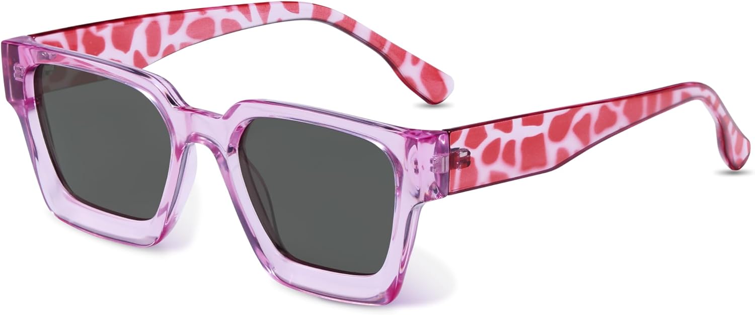 livho Rectangle Polarized Sunglasses Trendy for Women Men Retro Sun Glasses for Women Men 2025 Oversized UV Protection Shades Light Pink Leopard/Black 54 Millimeters