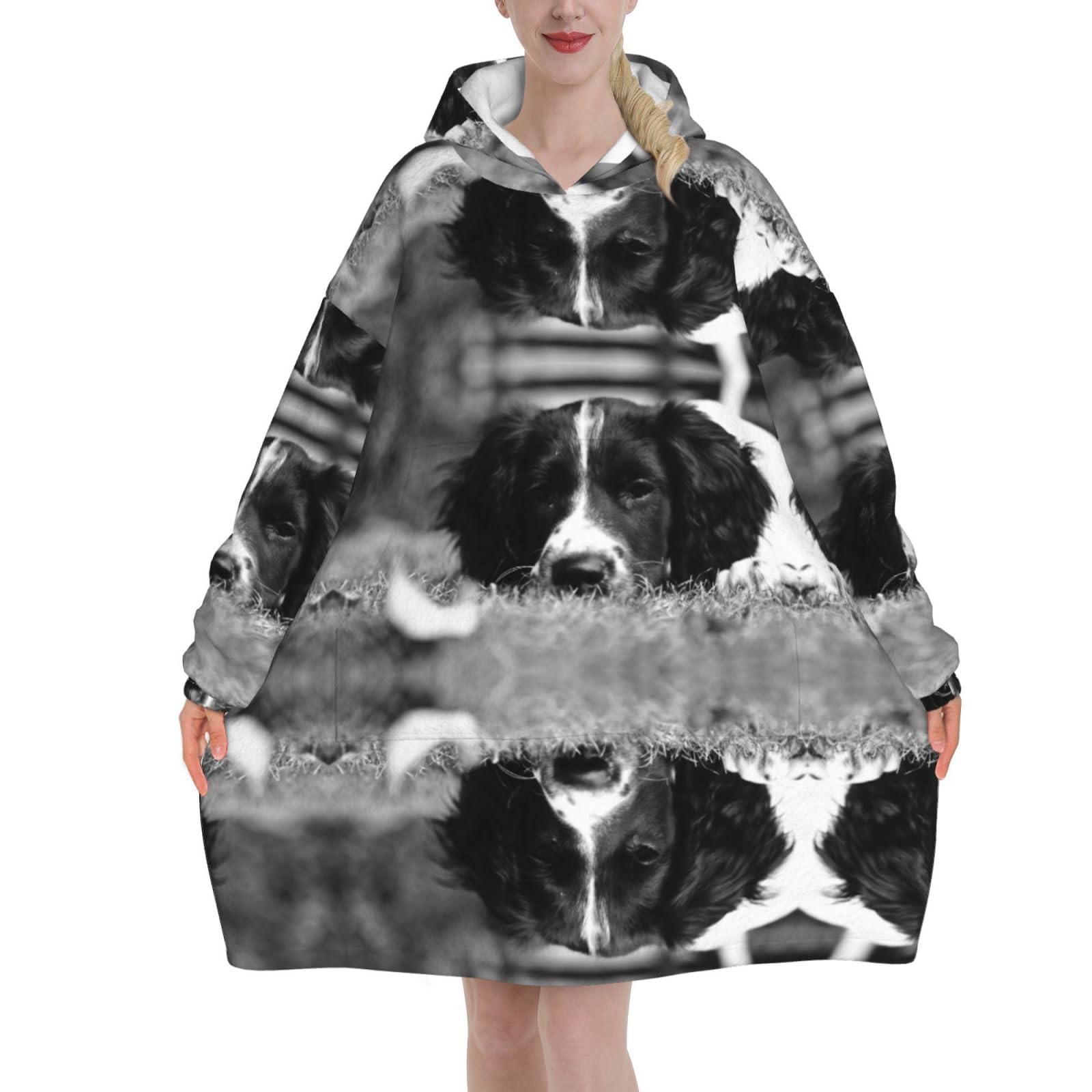 Poadnly Unisex As Picture English Springer Spaniel,Women's Oversized Wearable Blanket Hoodie, Blanket Sweatshirt,Flannel Pullover Blanket