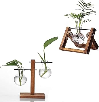 Kingbuy Bulb Vase Plant Terrarium with Vintage Wooden Stand and Metal Rotating Rod for Hydroponics Plants Propagation Station Desktop Glass Planter for Home Garden Decoration