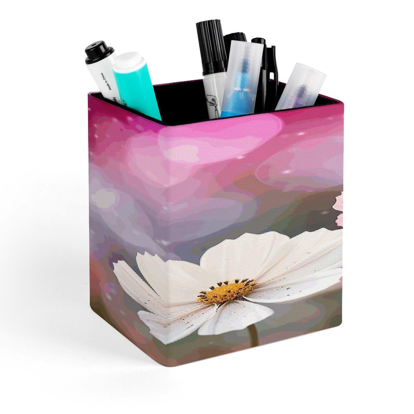 FekiLoot Two Peach Flowers Pencil Holder for Desk Square Leather Pen Holder Cup Desktop Organizer Multi-Functional Pencil Cup Holders Modern Decorative Desk Organizer Caddy Makeup Brush Holders