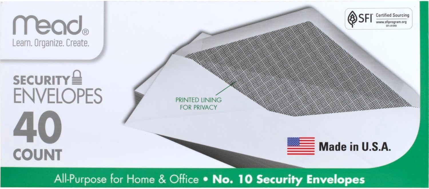 Mead #10 Envelopes, Letter Size, 4-1/8" x 9-1/2", Security Printed Lining for Privacy, Gummed Closure, Windowless, White All-Purpose for Home & Office Mail, 40 Count (75214)
